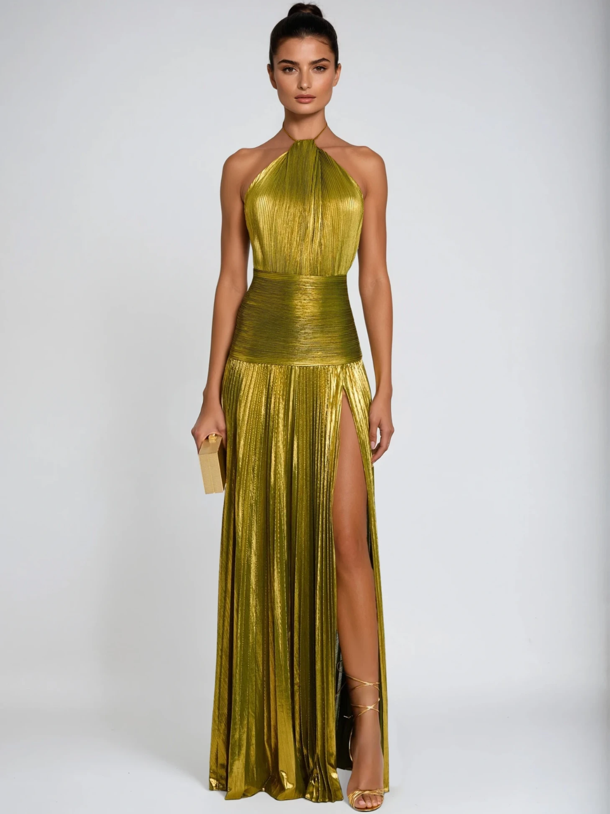 Viola Halterneck Split Pleated Metallic Maxi Dress
