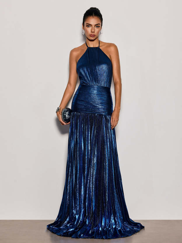 Viola Halterneck Split Pleated Metallic Maxi Dress