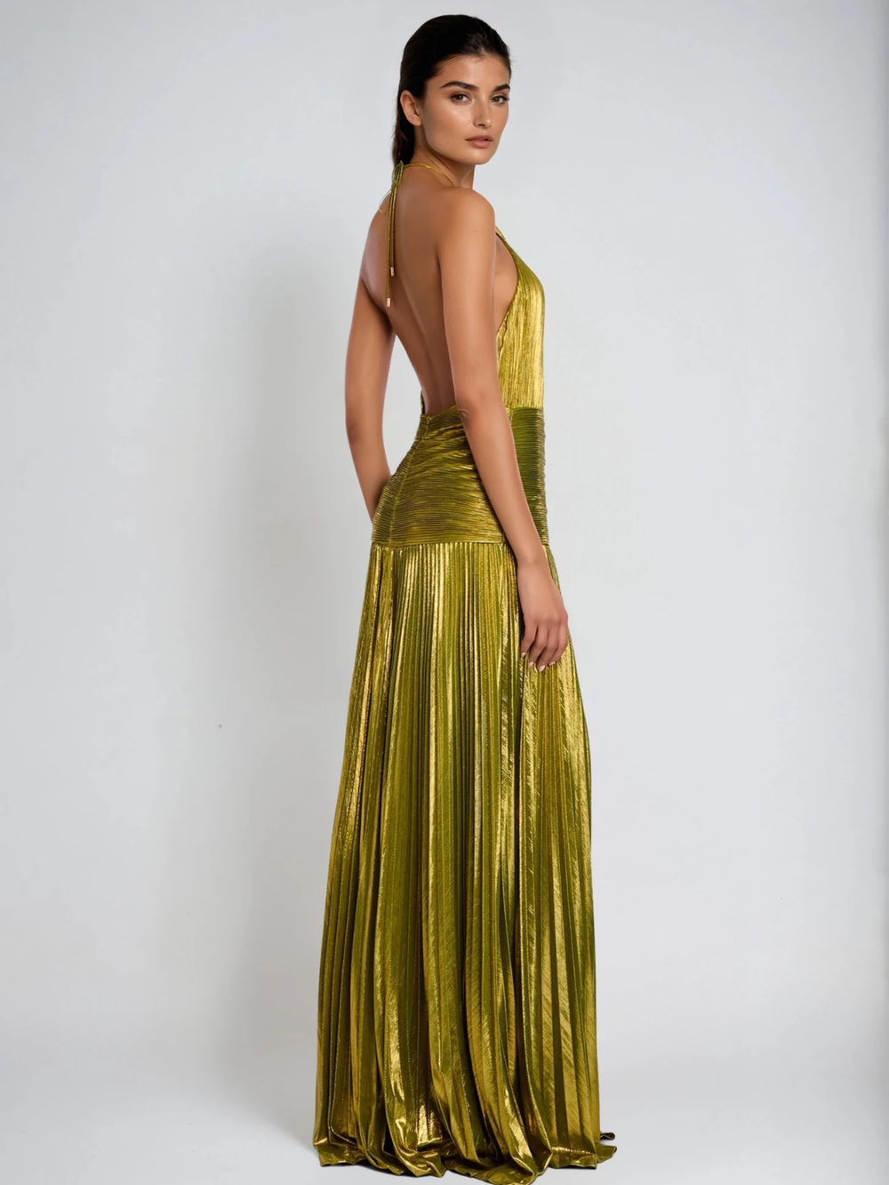 Viola Halterneck Split Pleated Metallic Maxi Dress