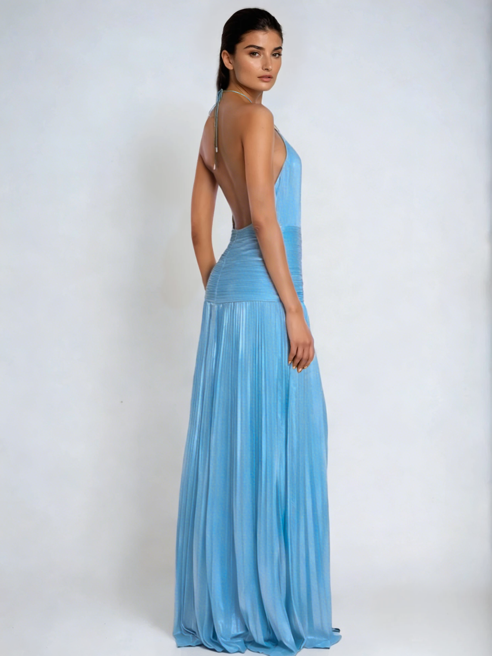 Viola Halterneck Split Pleated Metallic Maxi Dress
