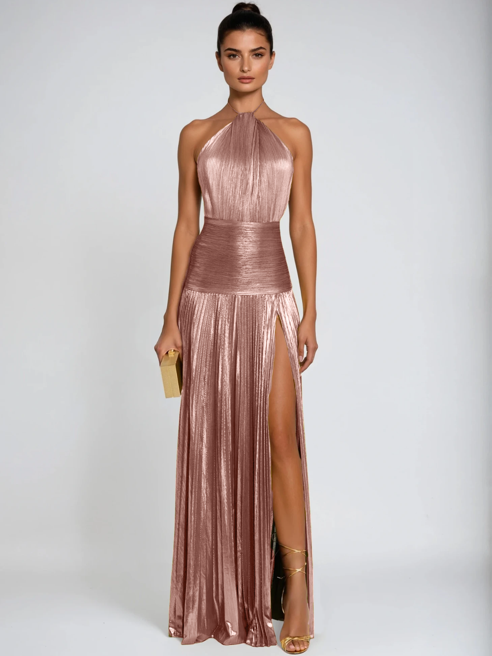 Viola Halterneck Split Pleated Metallic Maxi Dress