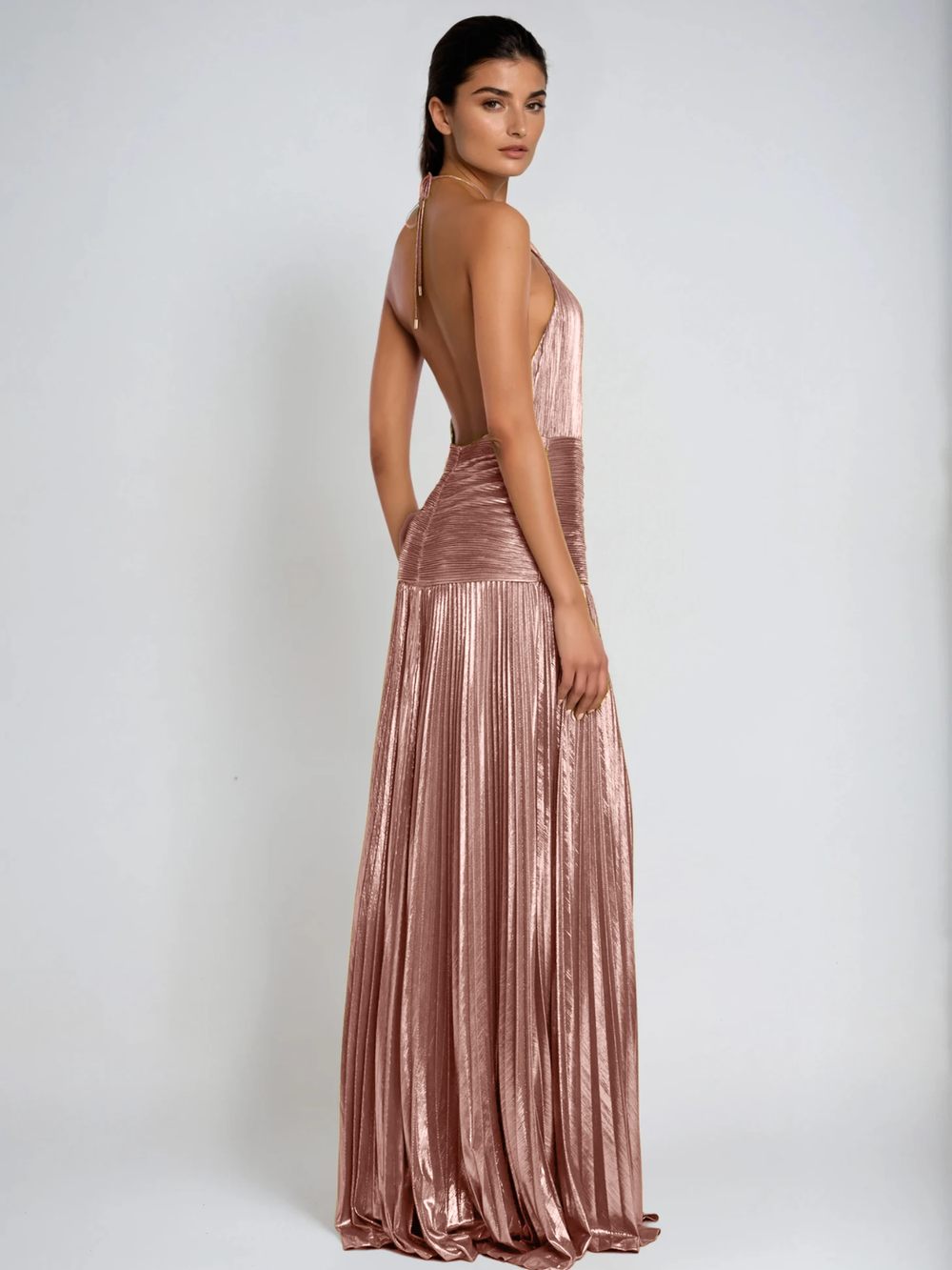 Viola Halterneck Split Pleated Metallic Maxi Dress