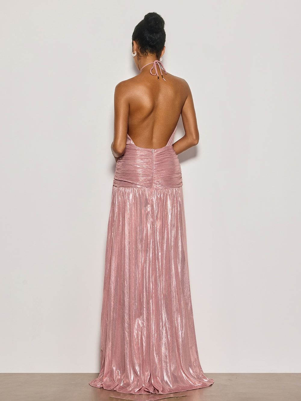 Viola Halterneck Split Pleated Metallic Maxi Dress