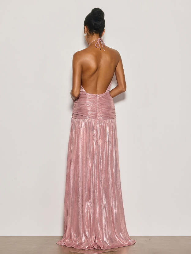 Viola Halterneck Split Pleated Metallic Maxi Dress