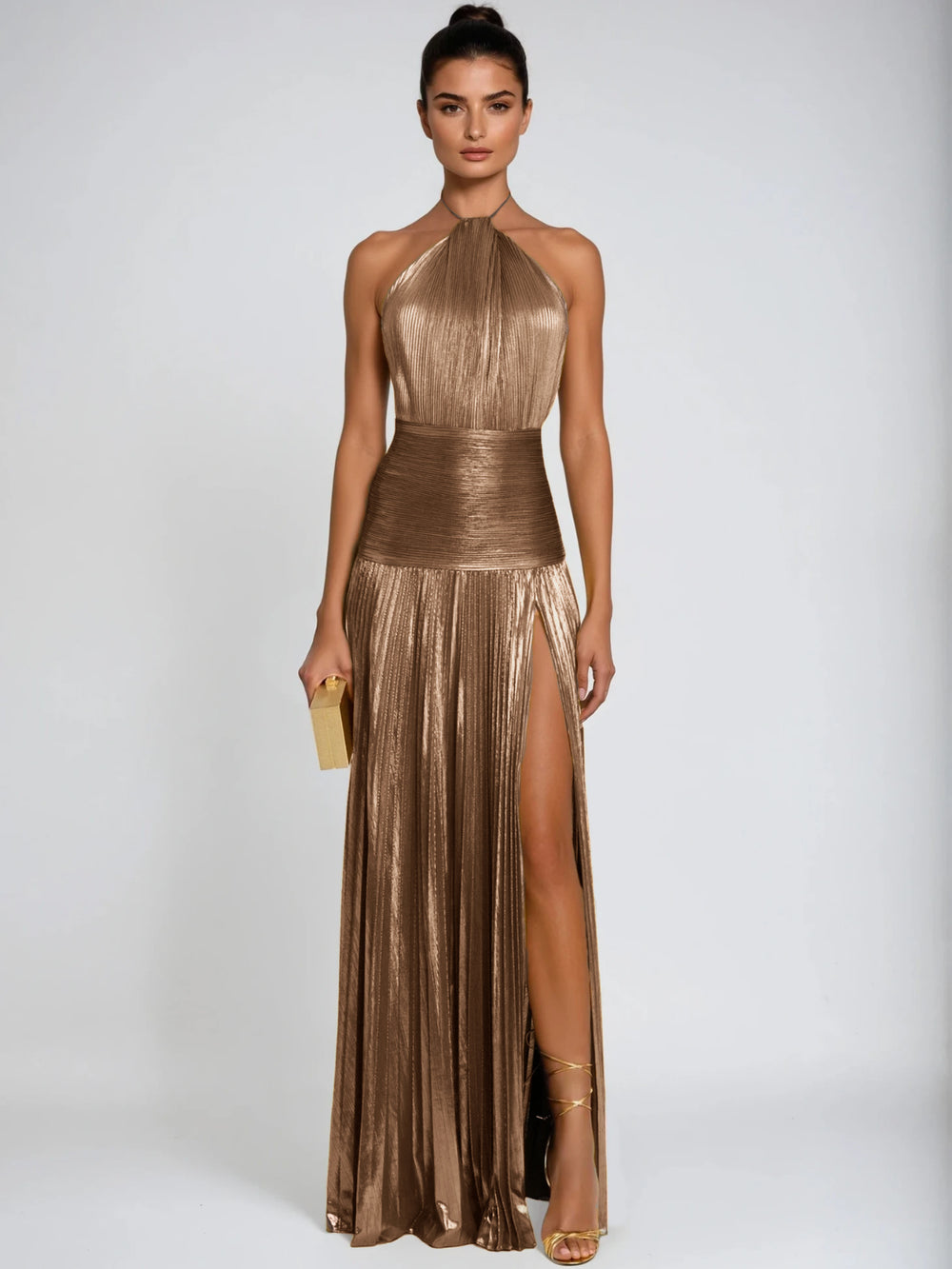 Viola Halterneck Split Pleated Metallic Maxi Dress