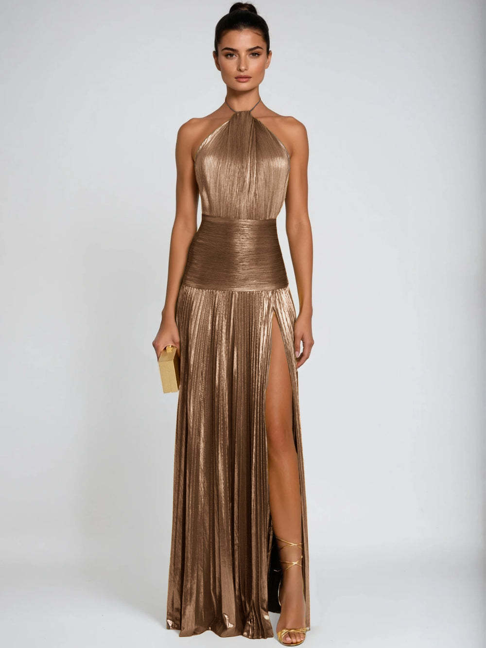 Viola Halterneck Split Pleated Metallic Maxi Dress