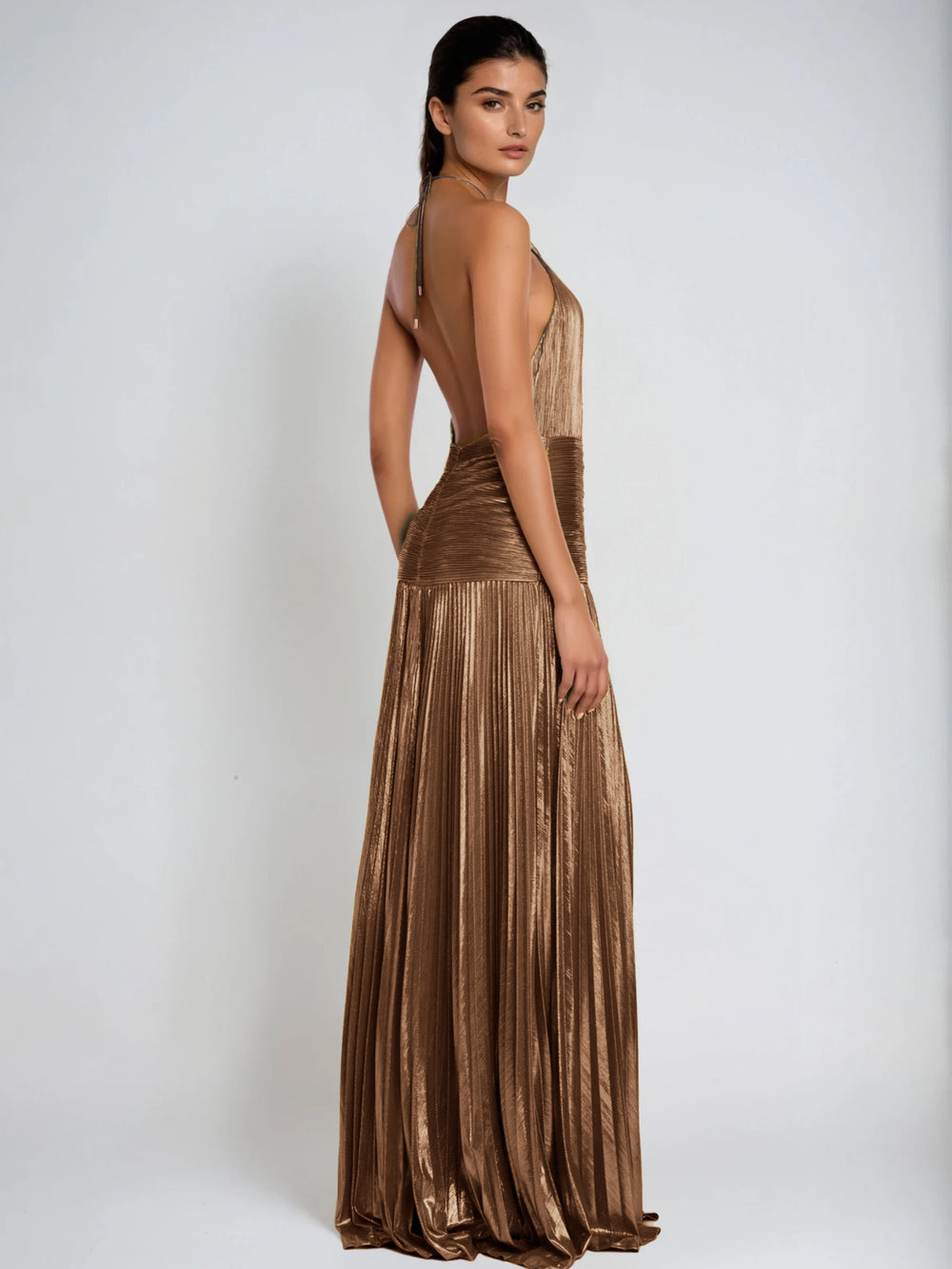Viola Halterneck Split Pleated Metallic Maxi Dress