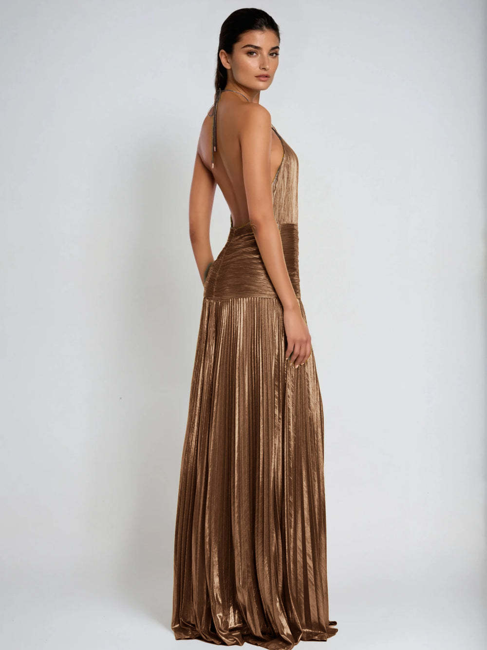 Viola Halterneck Split Pleated Metallic Maxi Dress