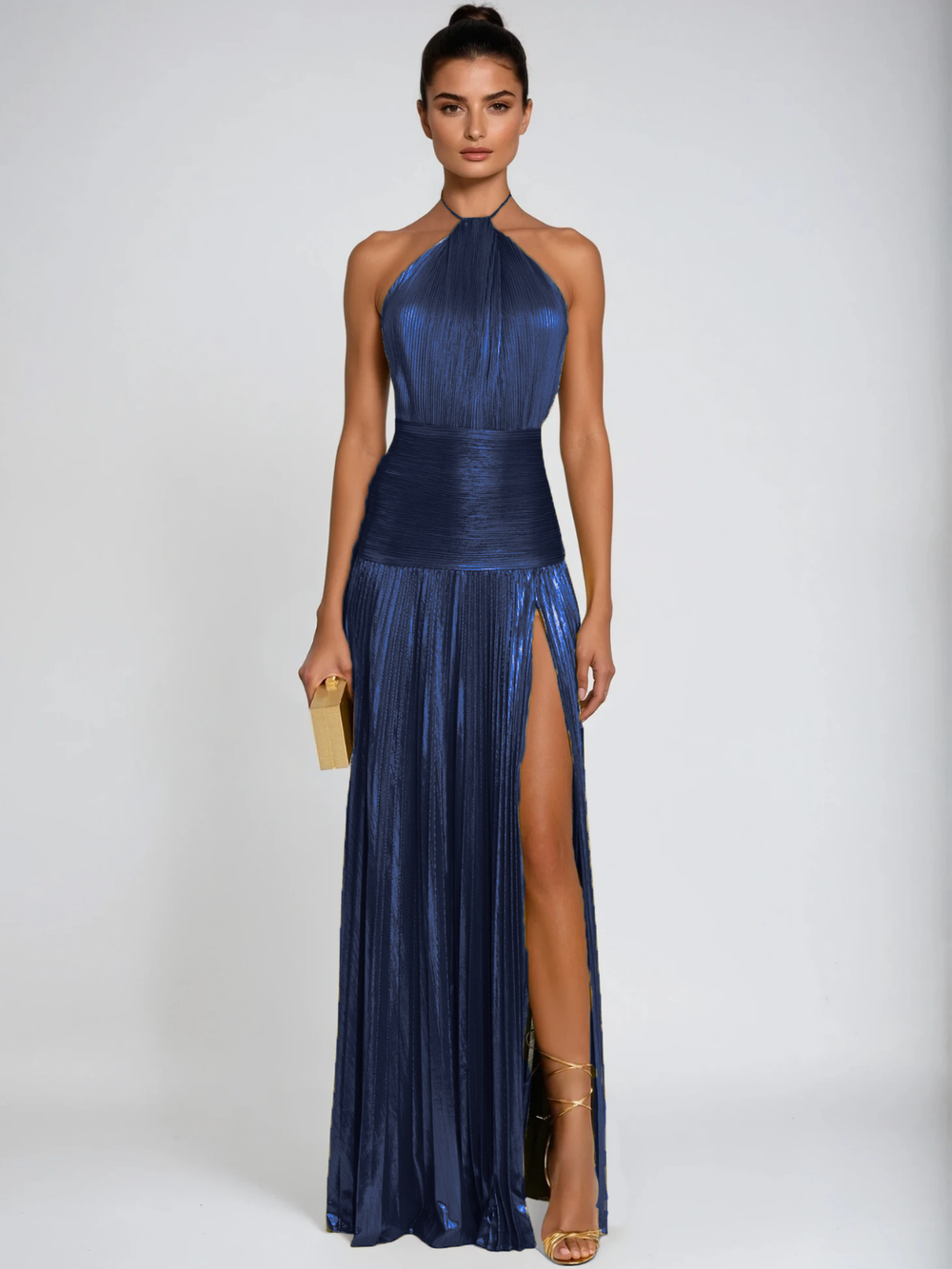 Viola Halterneck Split Pleated Metallic Maxi Dress