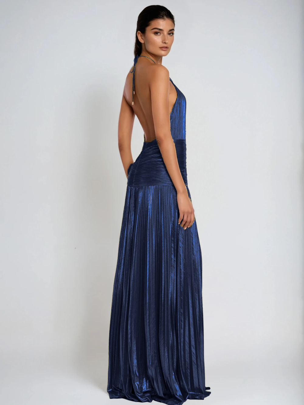 Viola Halterneck Split Pleated Metallic Maxi Dress