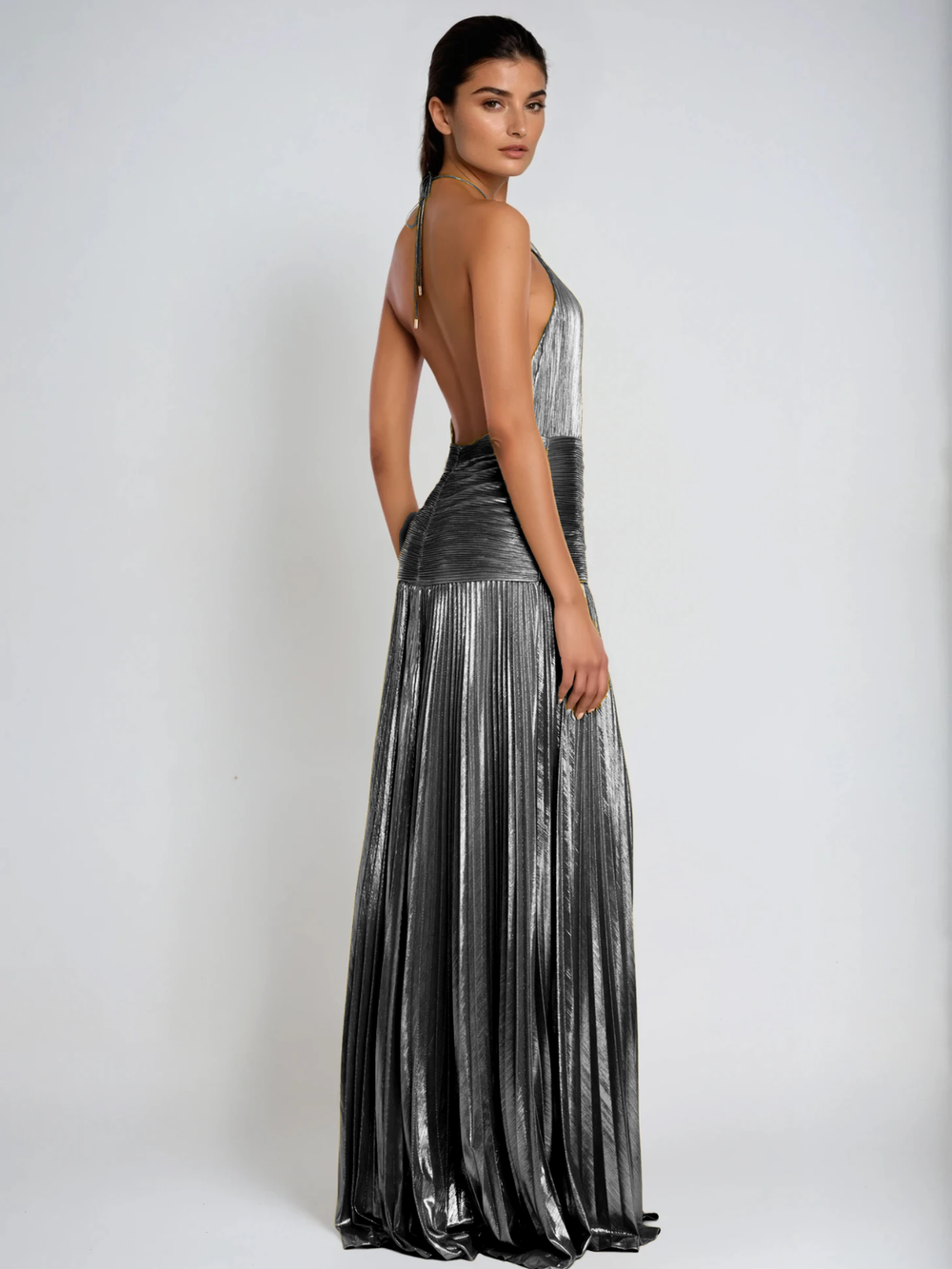 Viola Halterneck Split Pleated Metallic Maxi Dress