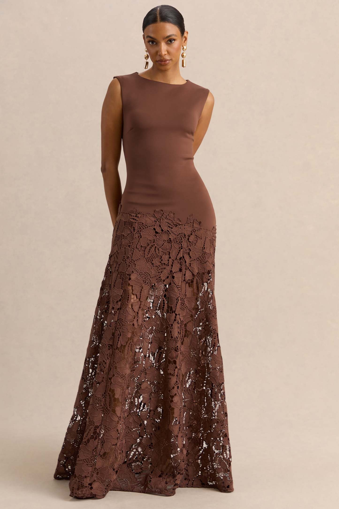 Sigrid Brown Lace Wide-Neck Maxi Dress
