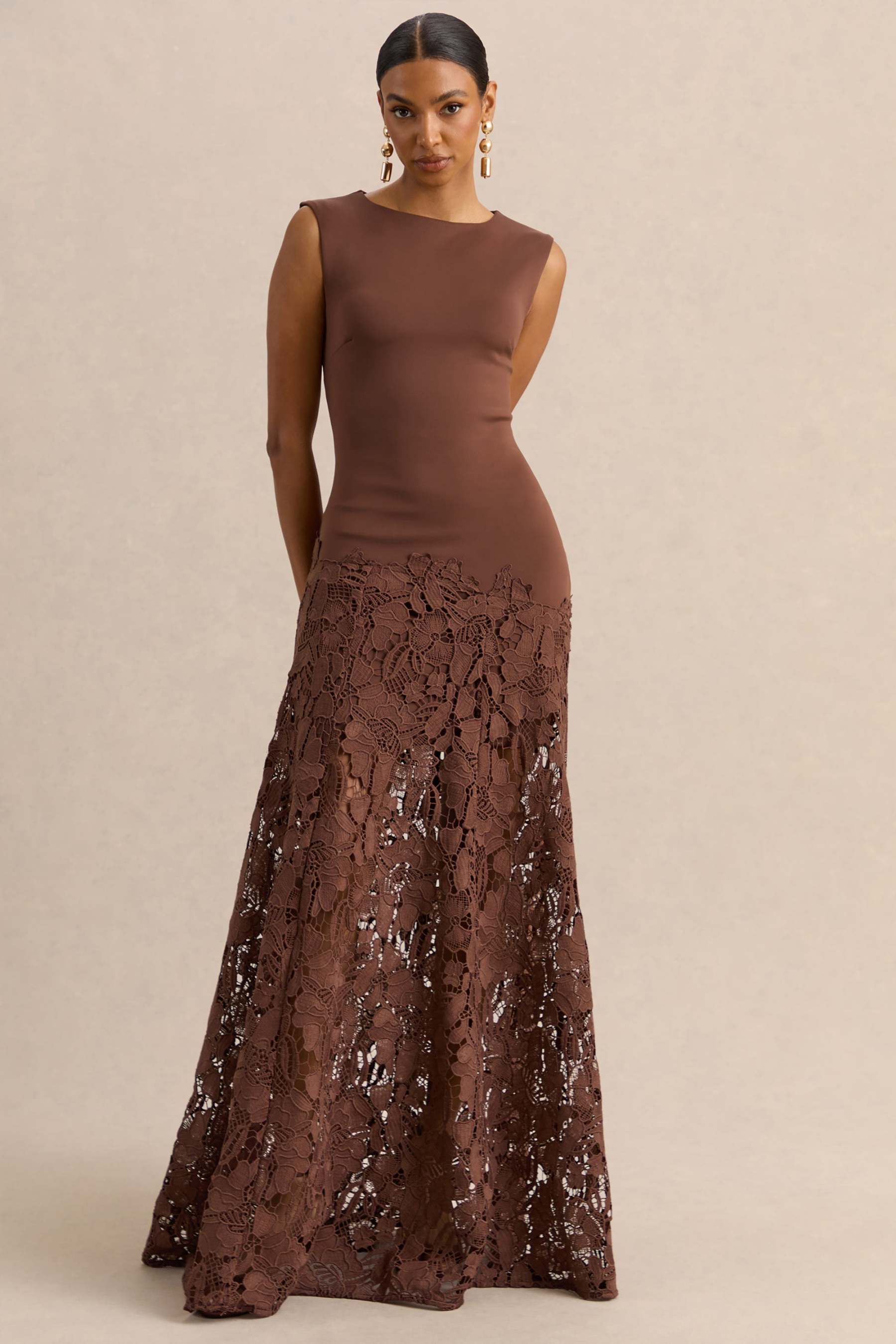 Sigrid Brown Lace Wide-Neck Maxi Dress