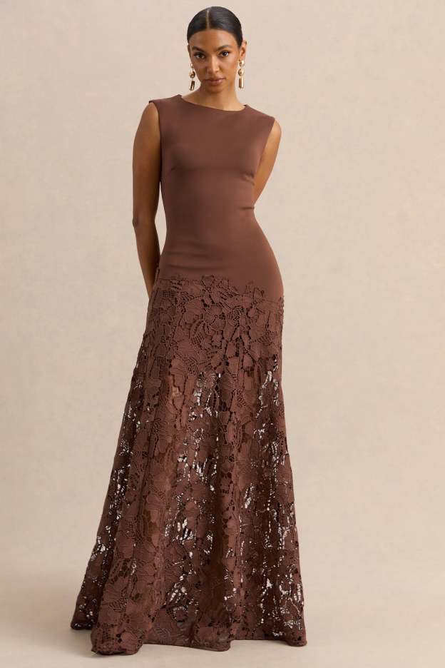 Sigrid Brown Lace Wide-Neck Maxi Dress