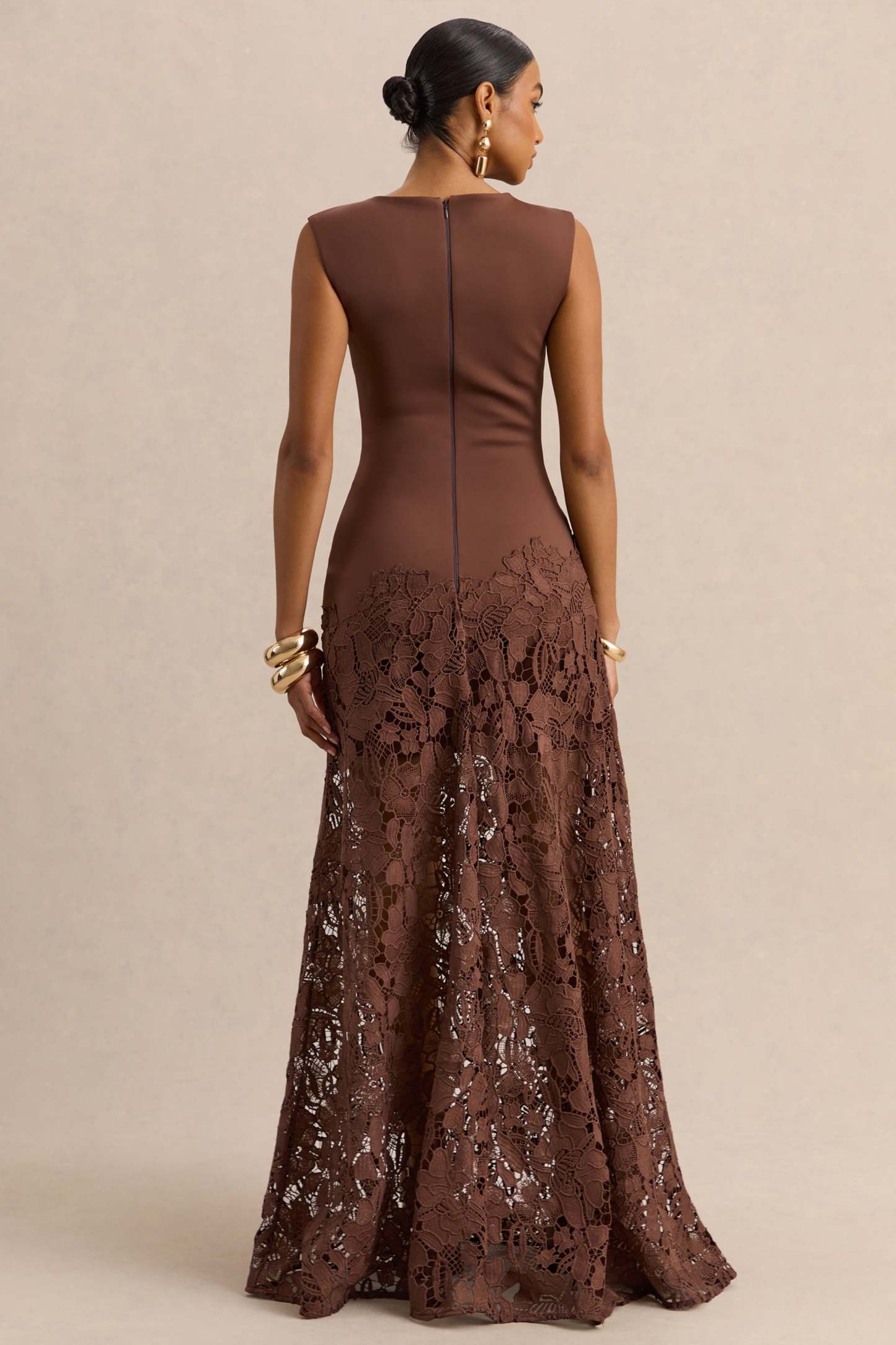 Sigrid Brown Lace Wide-Neck Maxi Dress