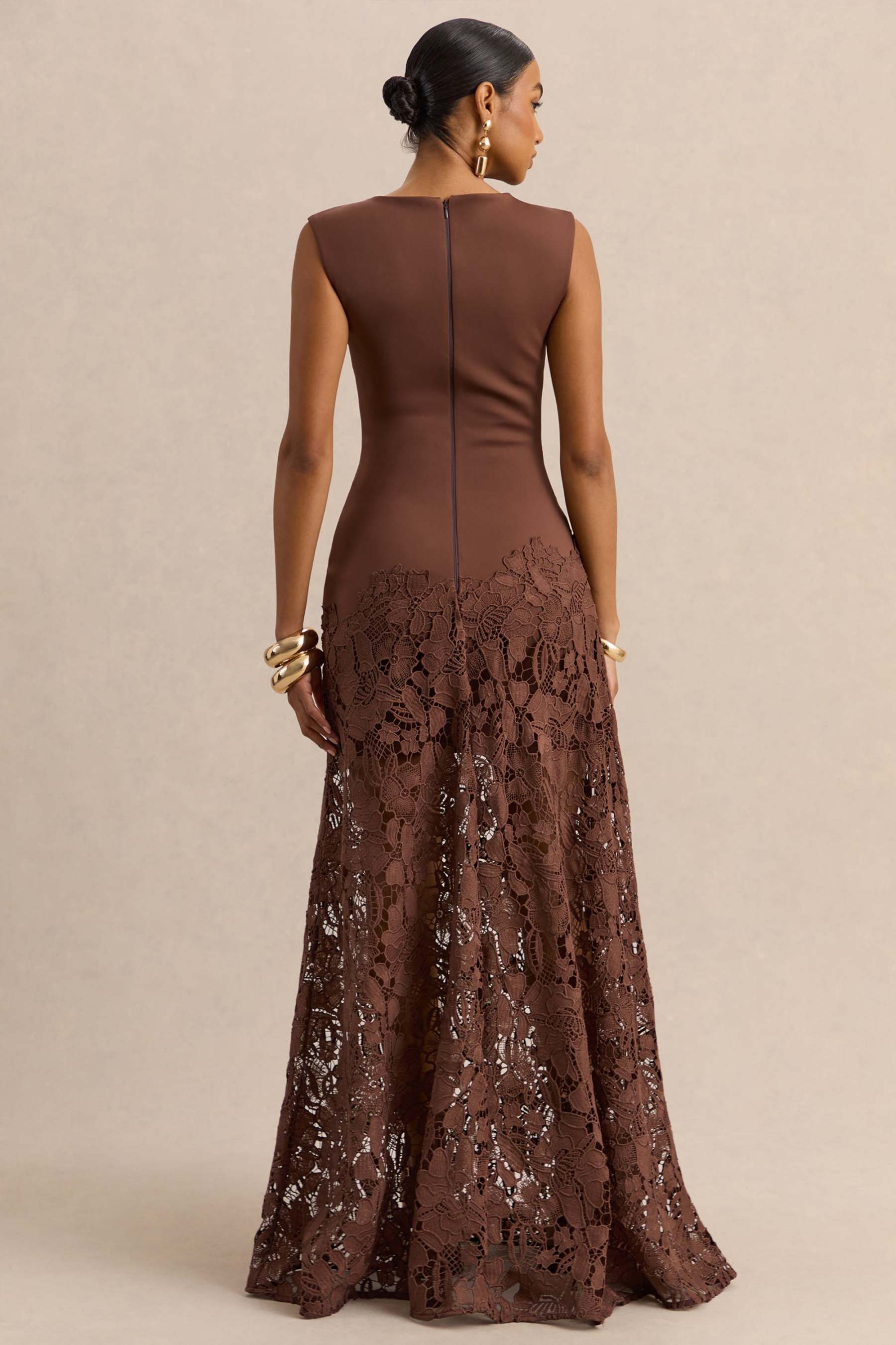 Sigrid Brown Lace Wide-Neck Maxi Dress