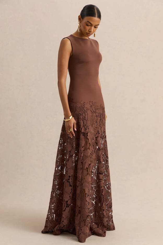Sigrid Brown Lace Wide-Neck Maxi Dress