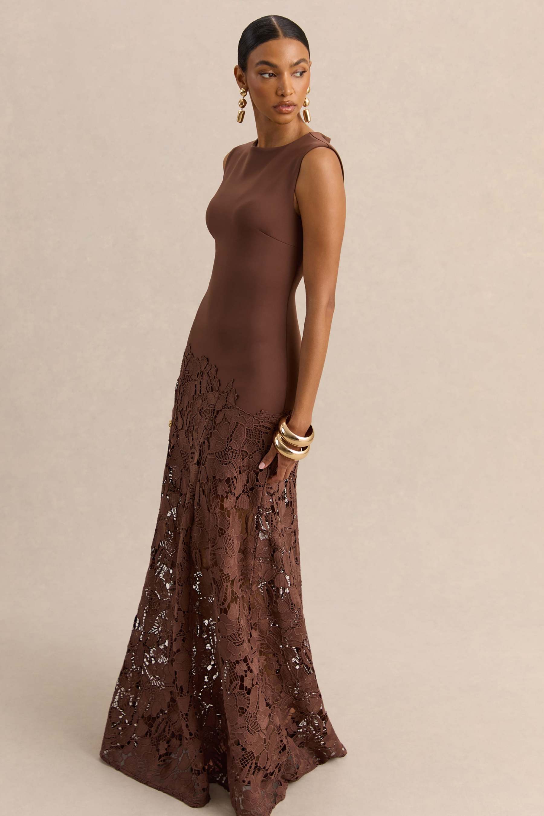 Sigrid Brown Lace Wide-Neck Maxi Dress