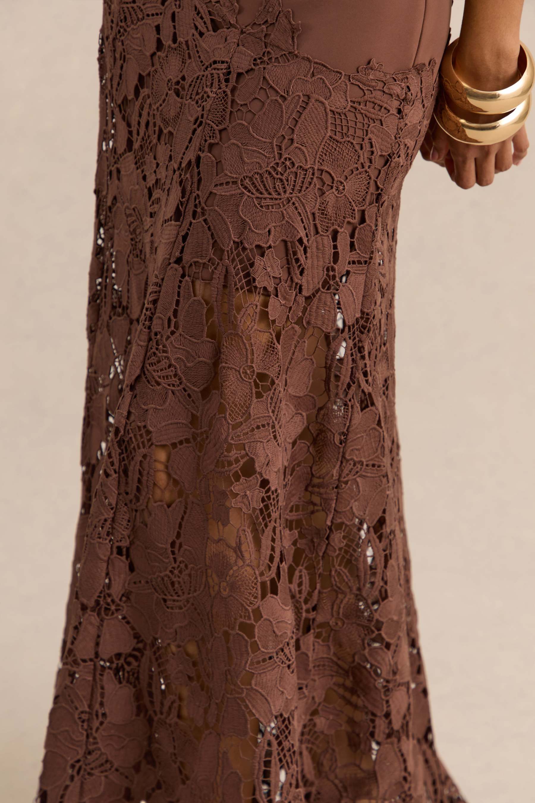 Sigrid Brown Lace Wide-Neck Maxi Dress
