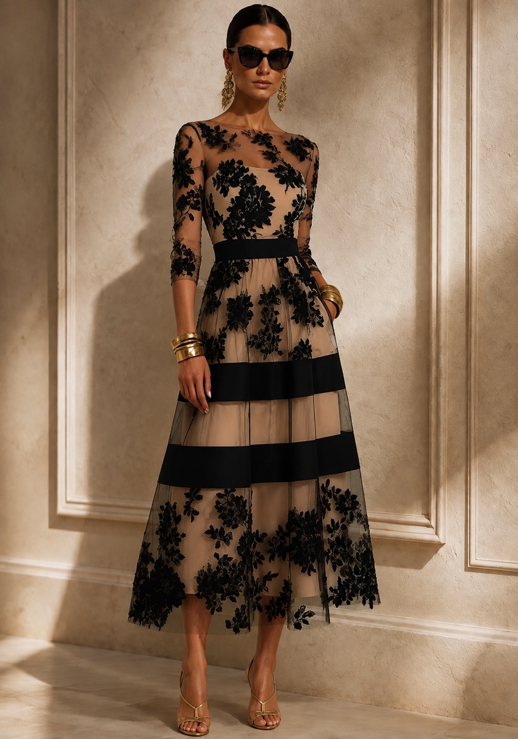 Simona Black Lace Midi Dress