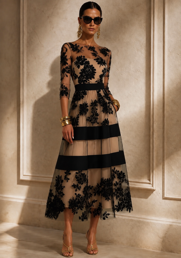 Simona Black Lace Midi Dress