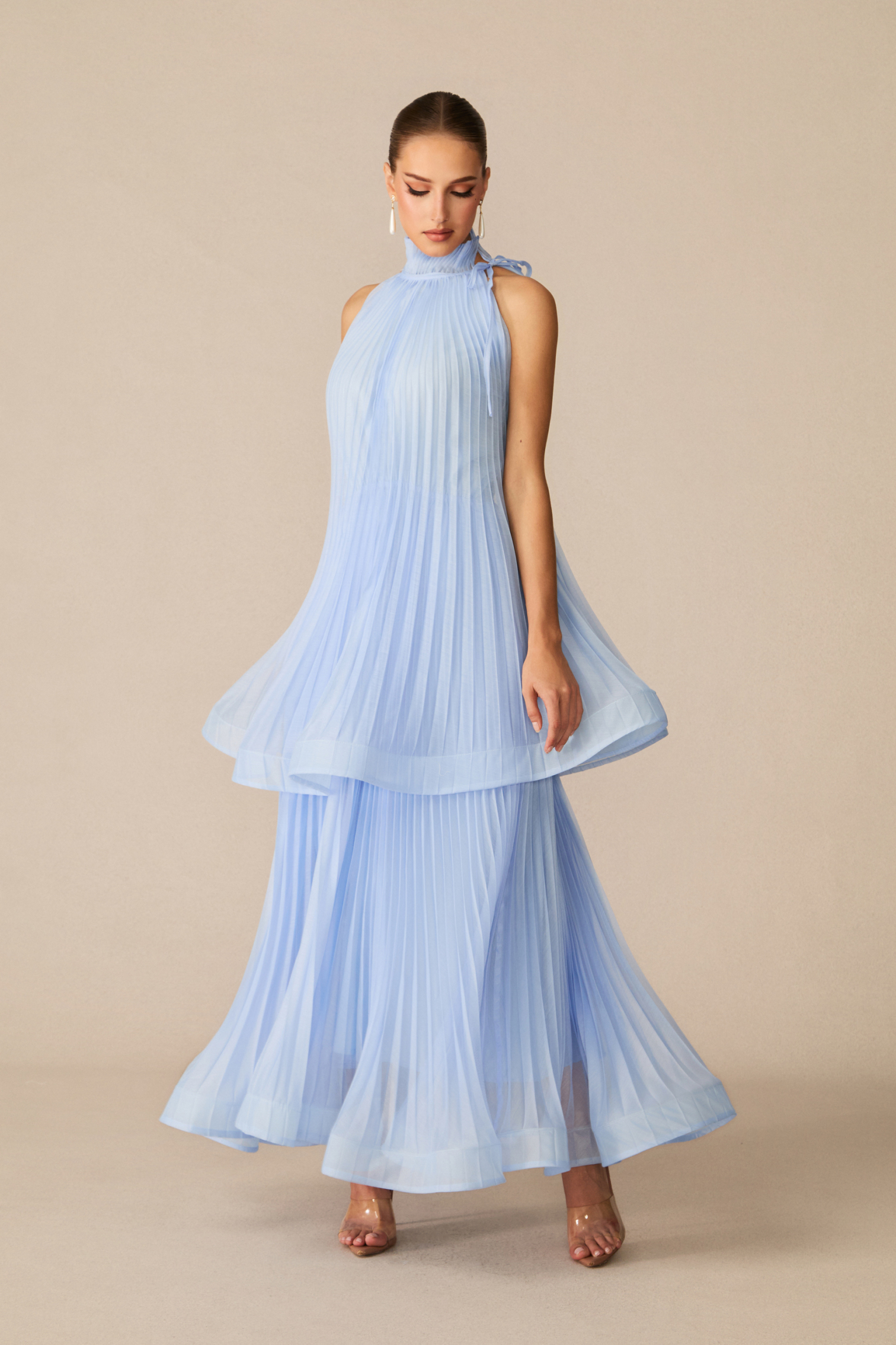 Tammy Blue Sleeveless Pleated Maxi Dress