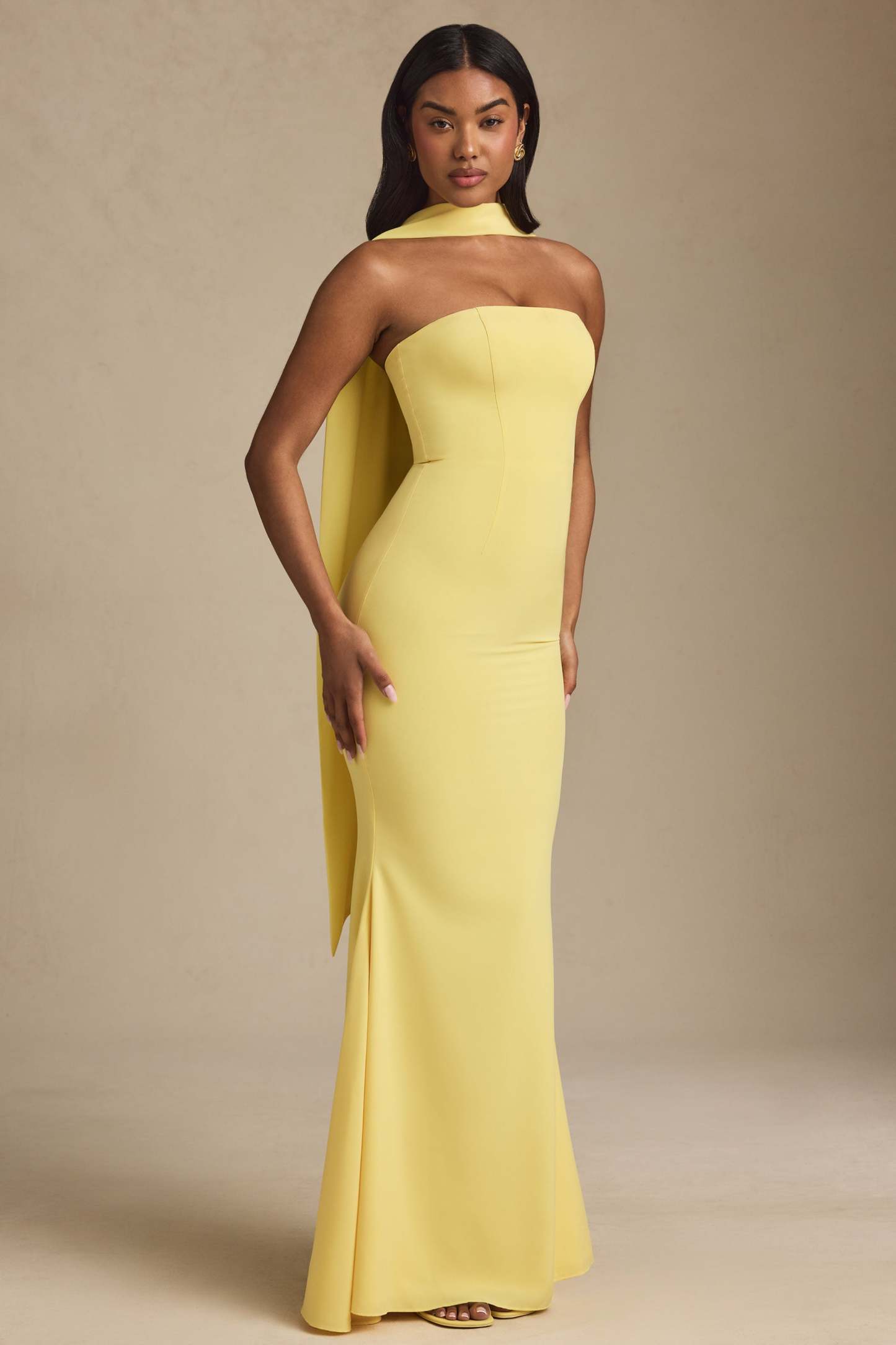 Beatrice Yellow Scarf-Detail Strapless Maxi Dress