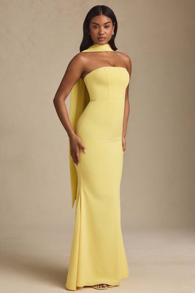 Beatrice Yellow Scarf-Detail Strapless Maxi Dress
