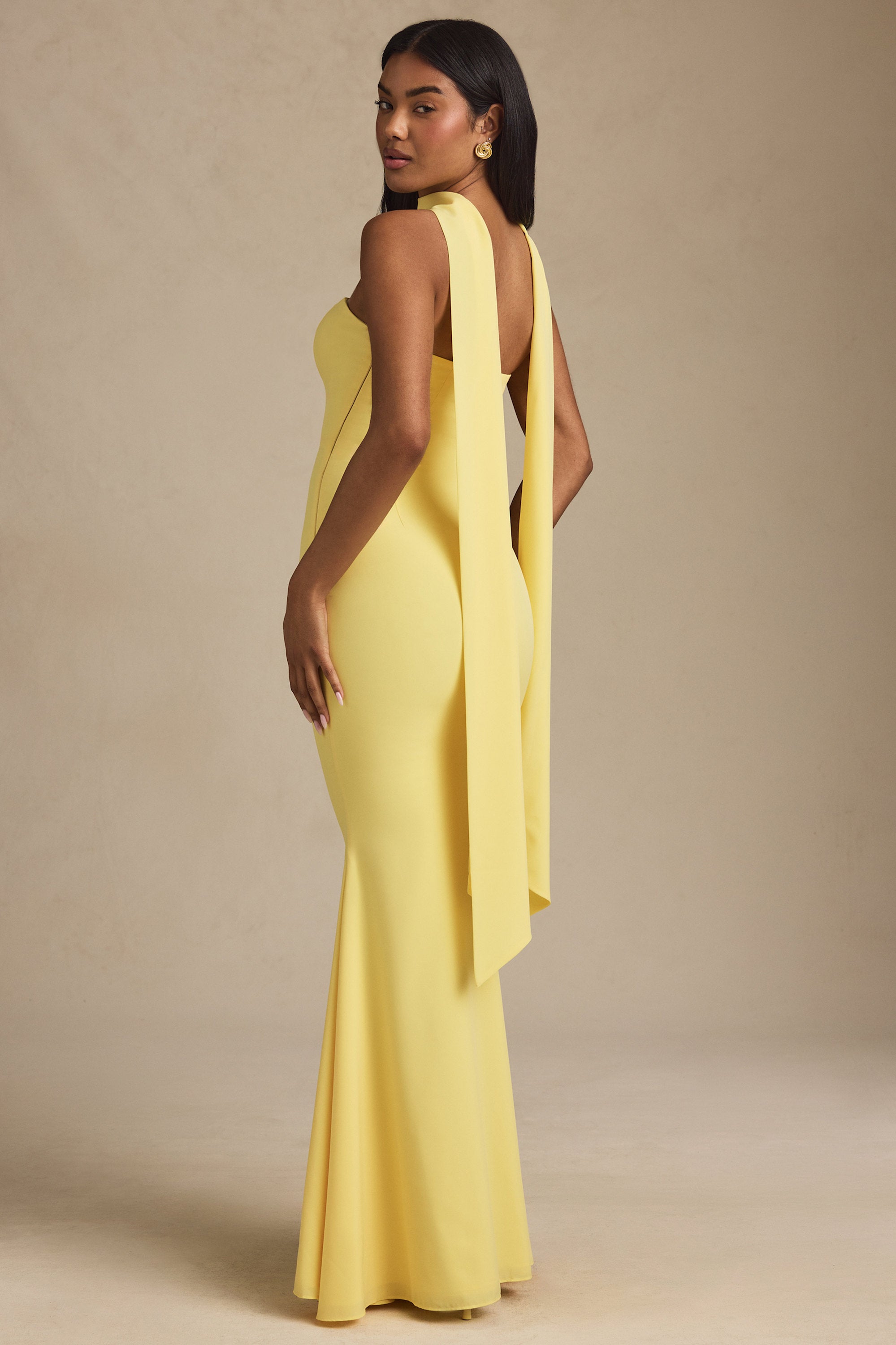 Beatrice Yellow Scarf-Detail Strapless Maxi Dress