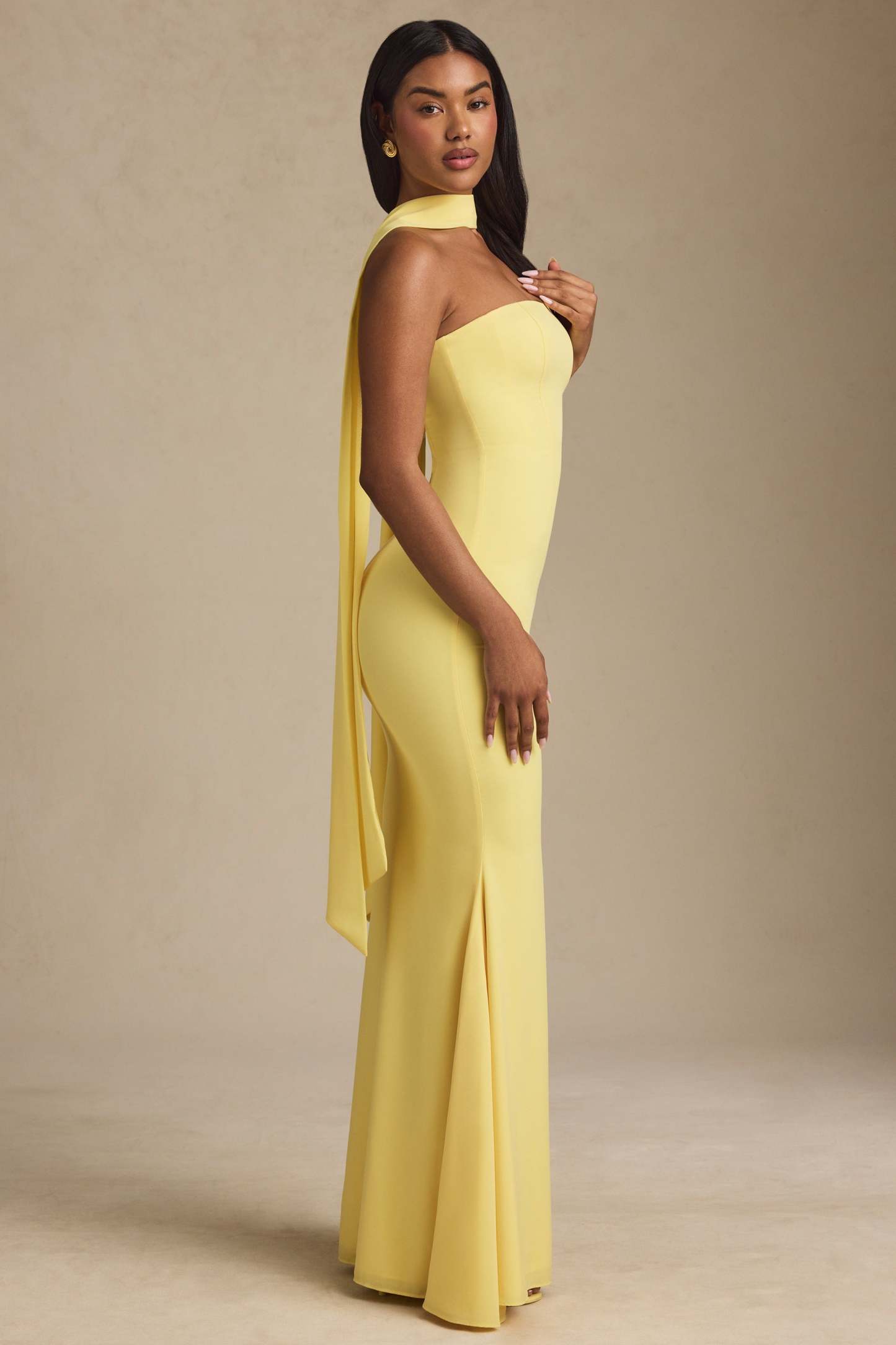 Beatrice Yellow Scarf-Detail Strapless Maxi Dress