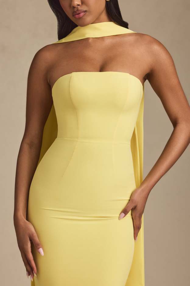 Beatrice Yellow Scarf-Detail Strapless Maxi Dress