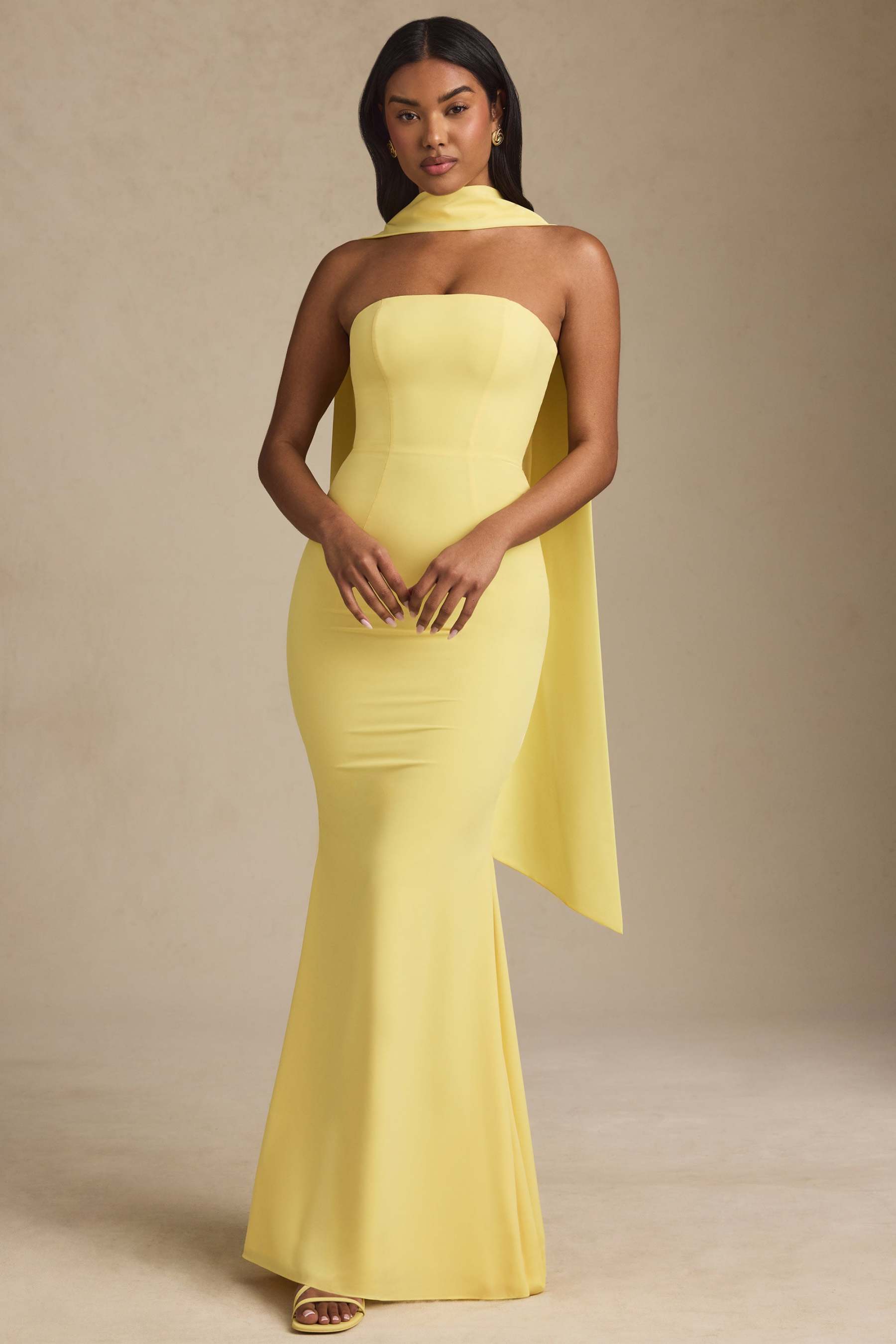 Beatrice Yellow Scarf-Detail Strapless Maxi Dress