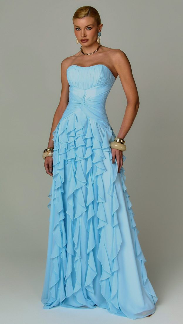 Celeste Blue Ruffled pleated Strapless Maxi Dress