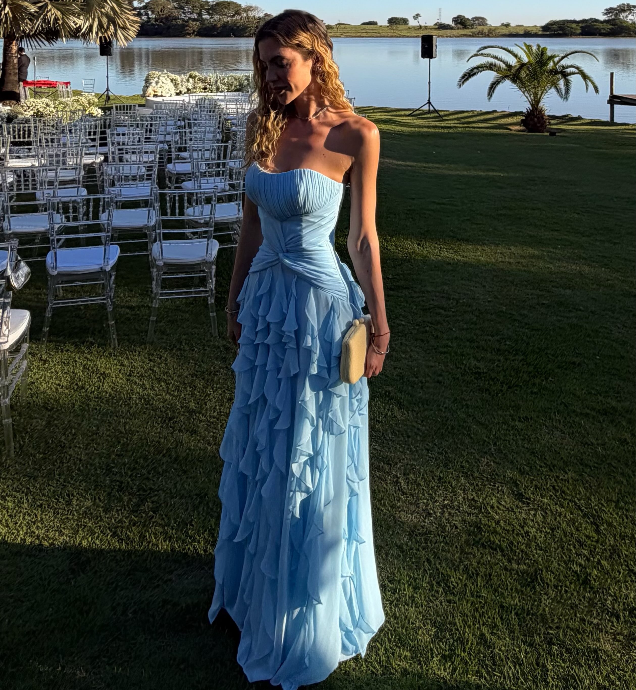 Celeste Blue Ruffled pleated Strapless Maxi Dress