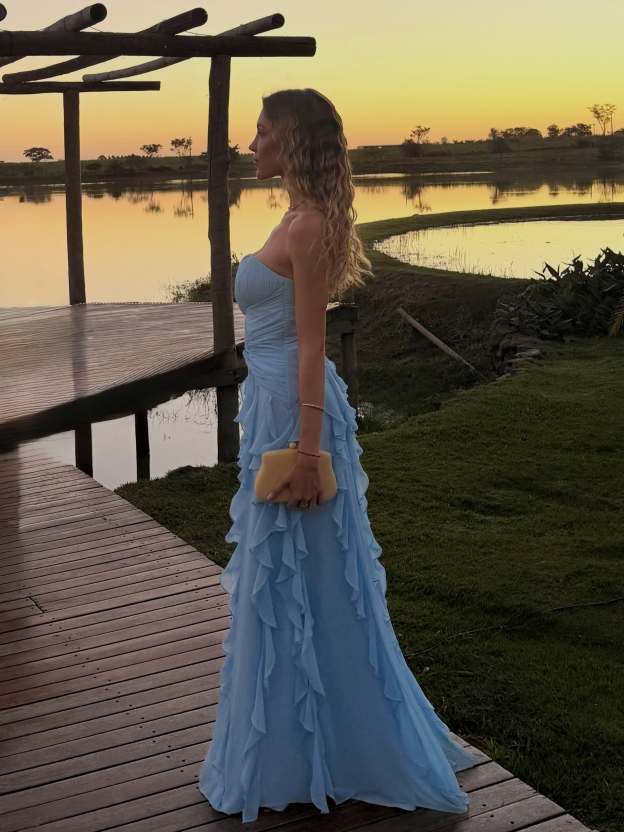Celeste Blue Ruffled pleated Strapless Maxi Dress