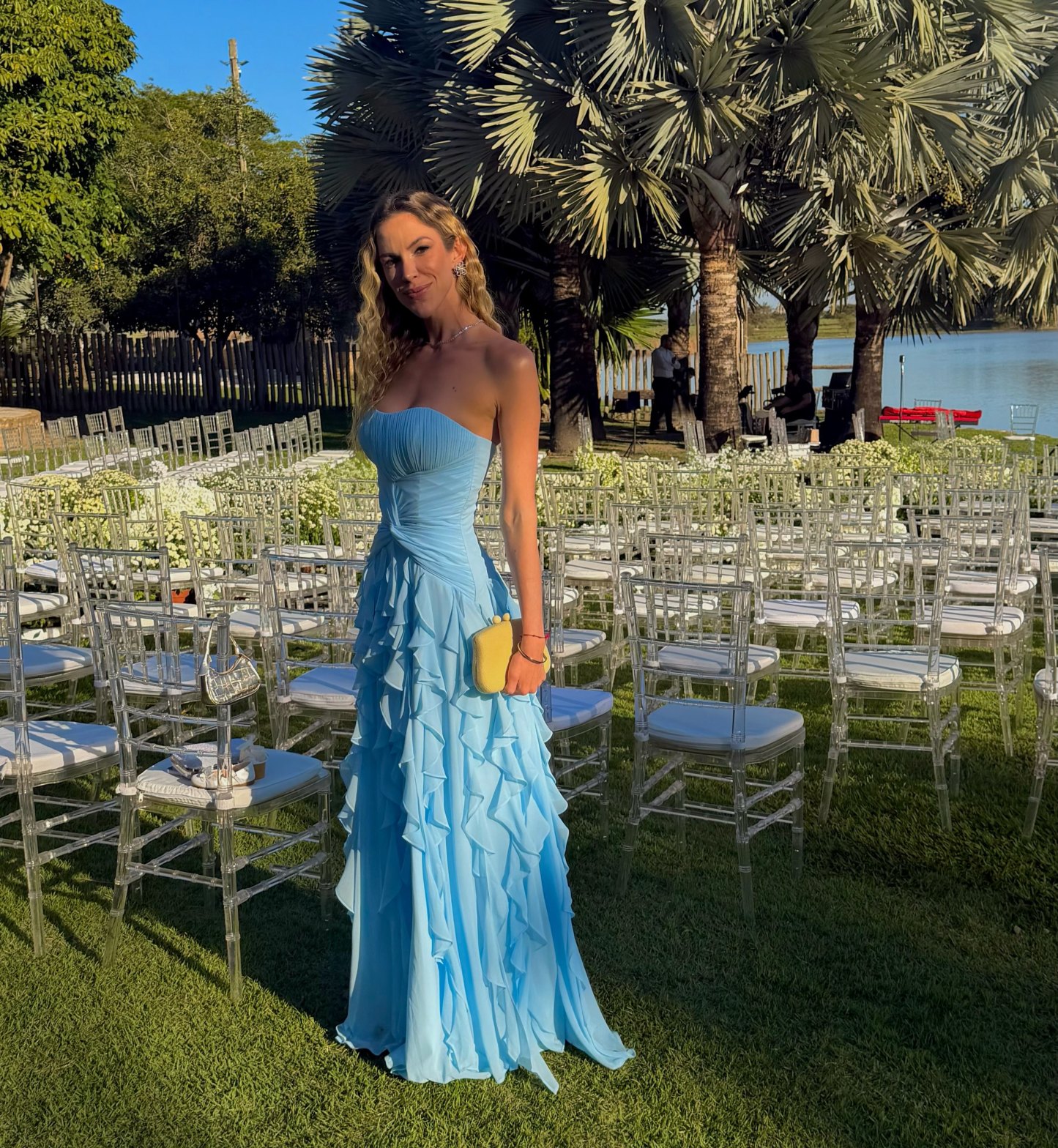 Celeste Blue Ruffled pleated Strapless Maxi Dress