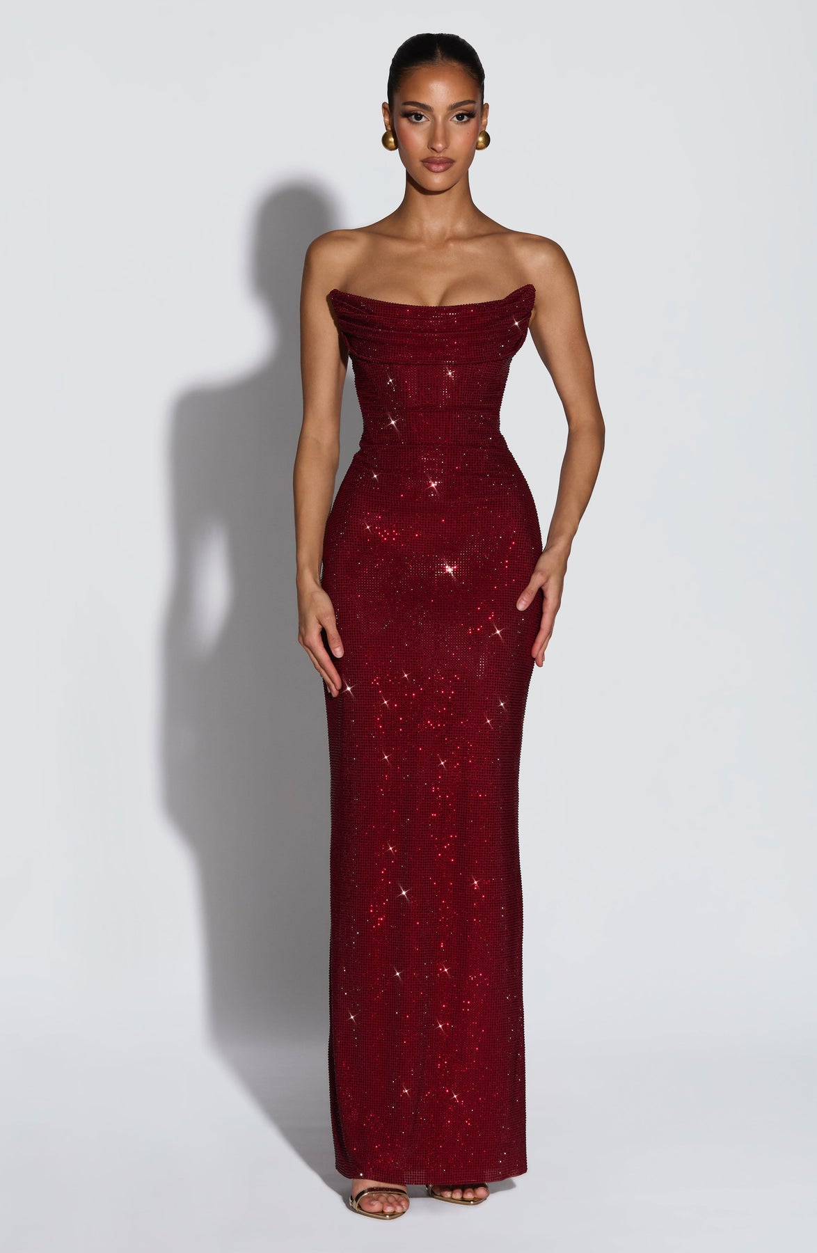 Hedy Burgundy Rhinestones Strapless Maxi Dress