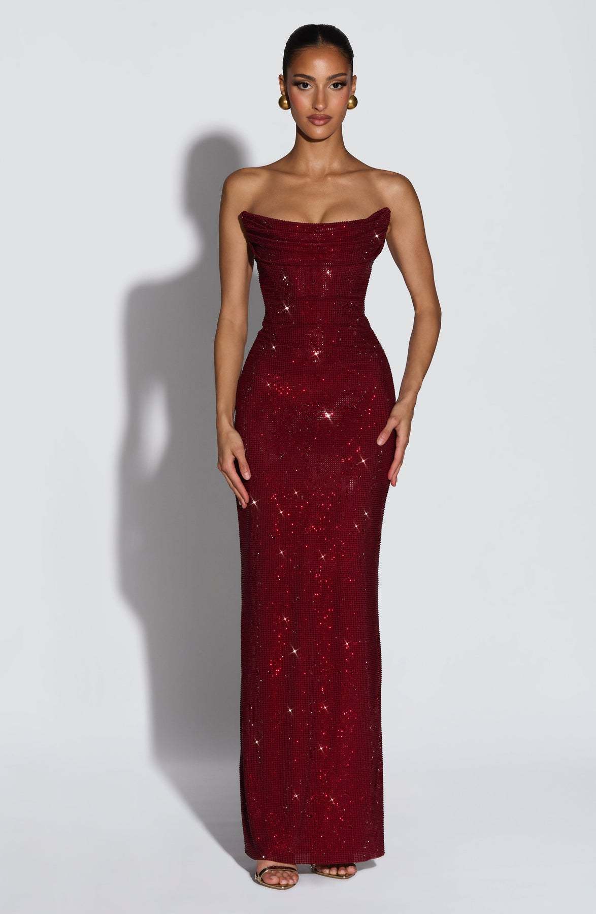 Hedy Burgundy Rhinestones Strapless Maxi Dress