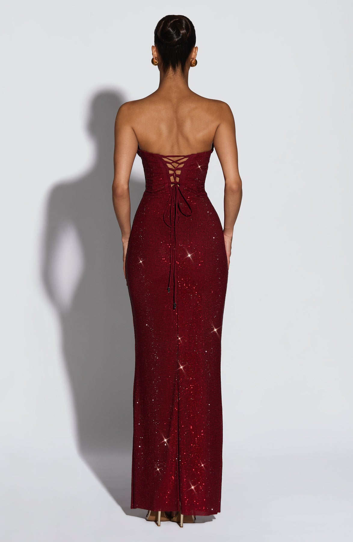 Hedy Burgundy Rhinestones Strapless Maxi Dress