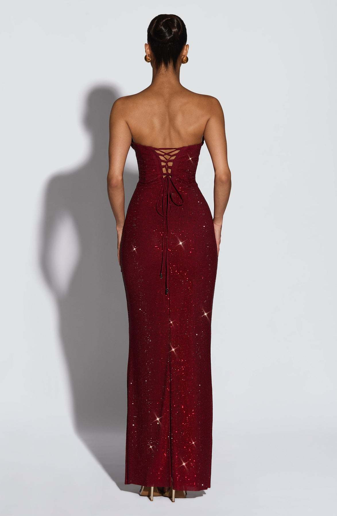 Hedy Burgundy Rhinestones Strapless Maxi Dress