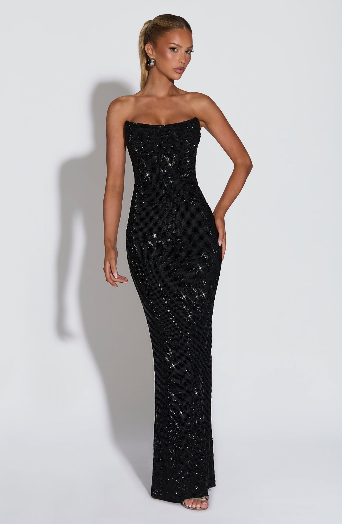Hedy Black Rhinestones Strapless Maxi Dress