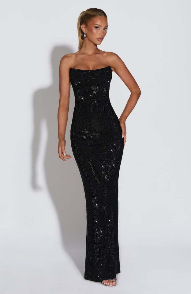 Hedy Black Rhinestones Strapless Maxi Dress