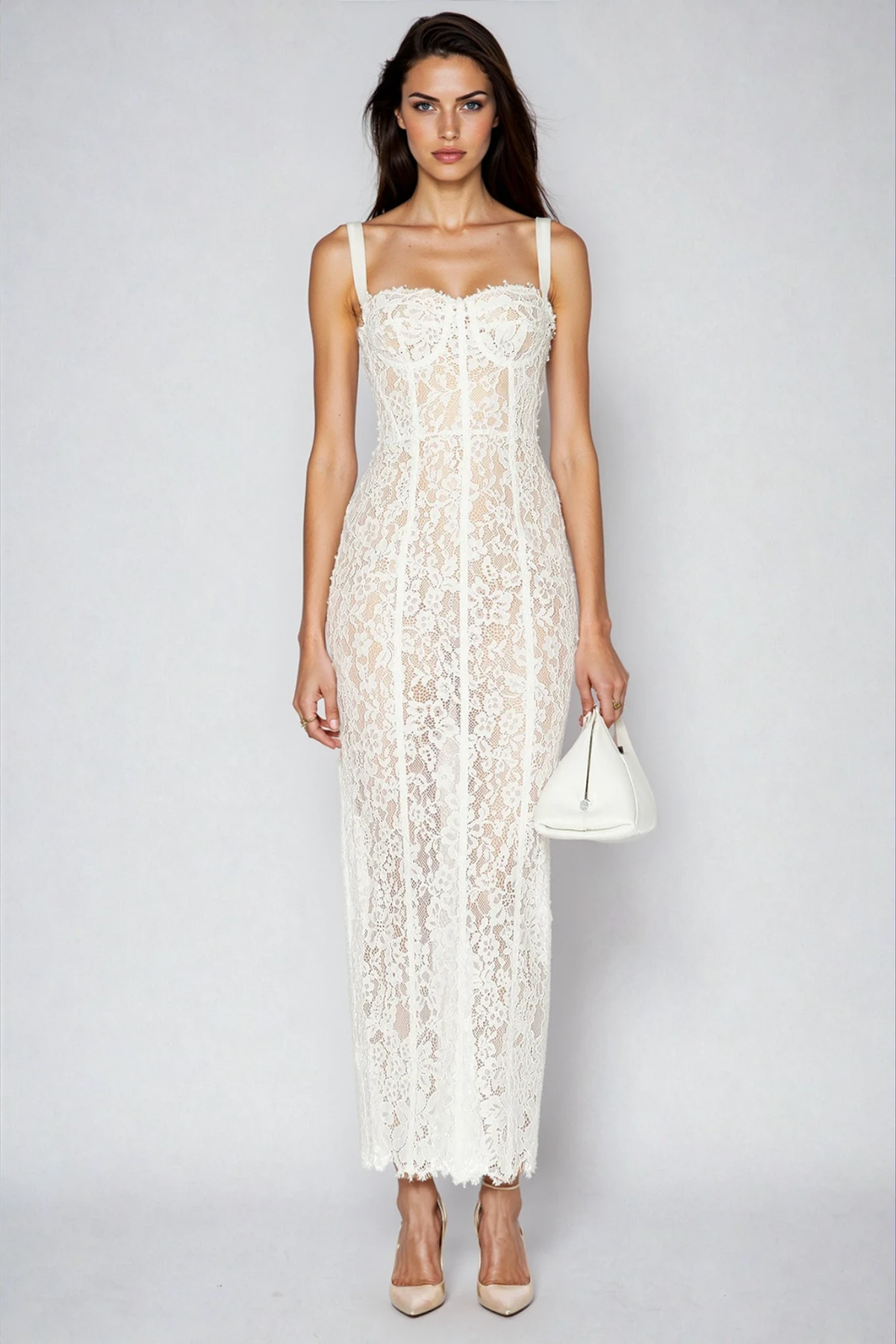 Elegant Open Back Slim Fit Lace Maxi Dress - White