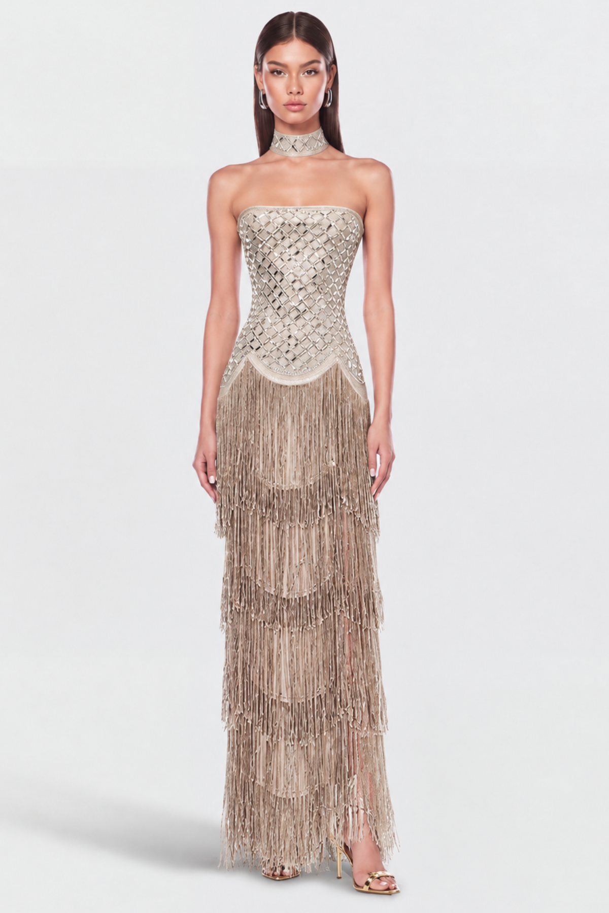 Arlene Rhinestones Strapless Fringe Maxi Dress