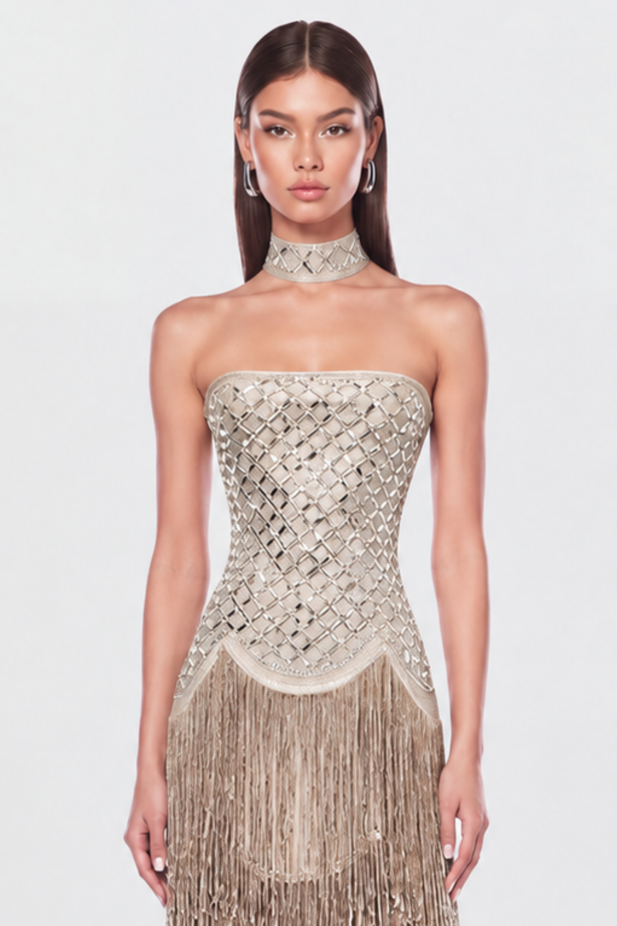Arlene Rhinestones Strapless Fringe Maxi Dress