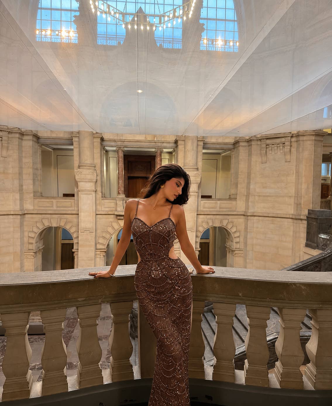 Audrey Coffee Pearl Sequin Midi Dress