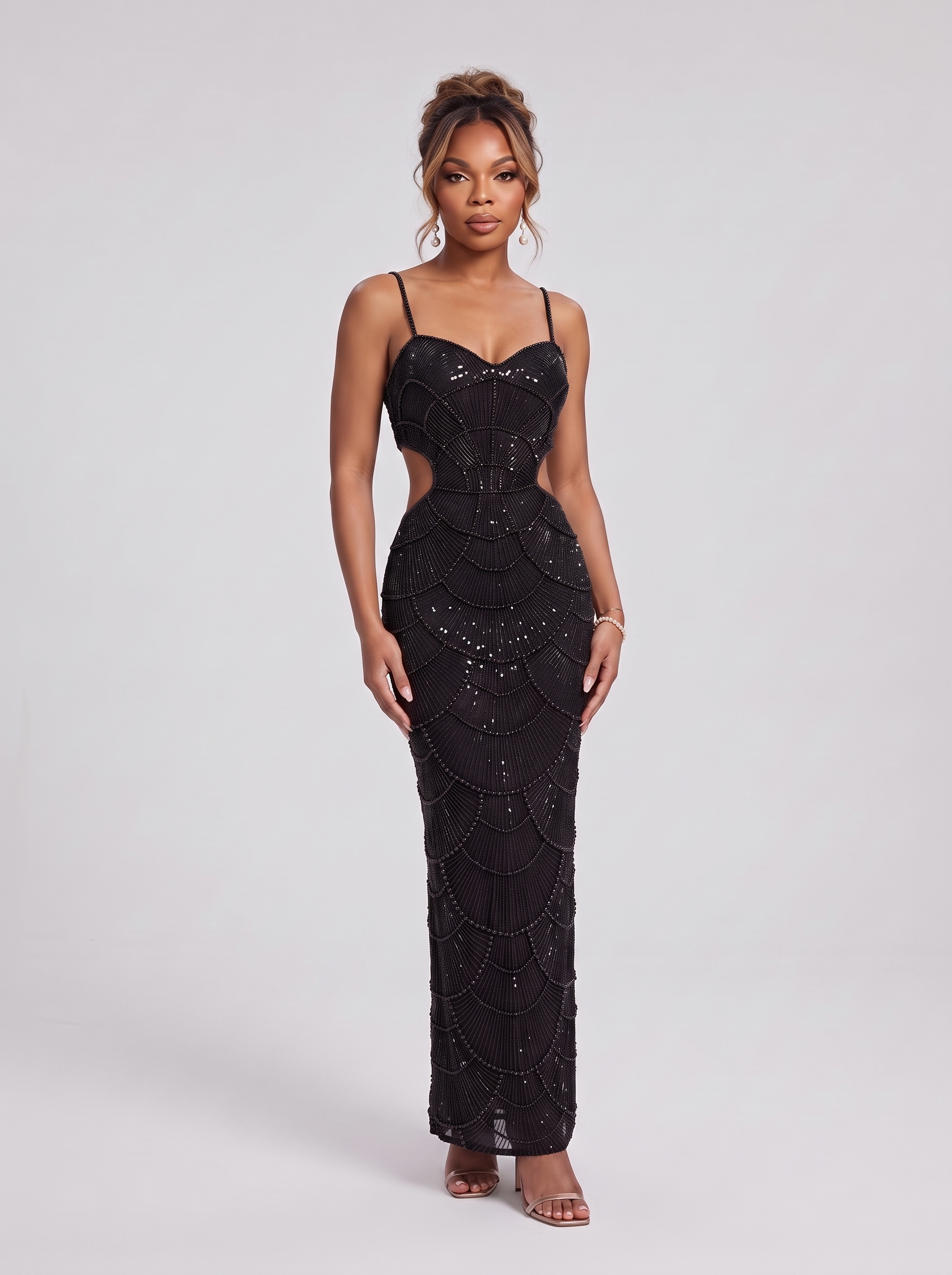 Audrey Black Pearl Sequin Midi Dress