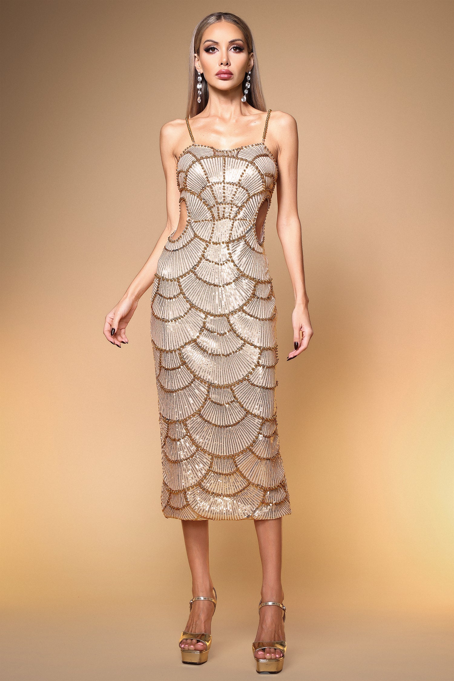 Yetta Champagne Pearl Sequin Midi Dress