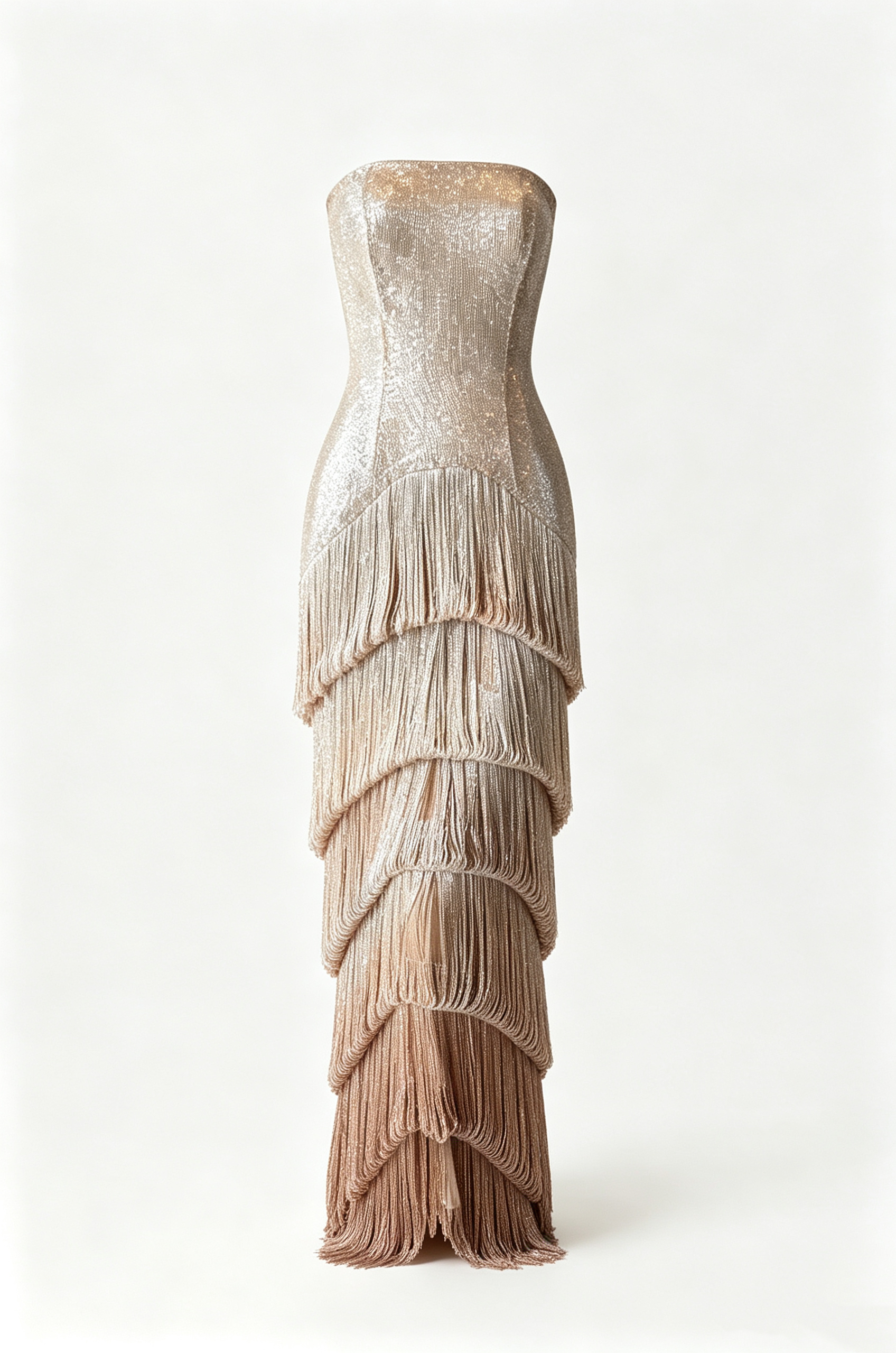 Astrid Champagne Strapless Fringed Layered Maxi Dress