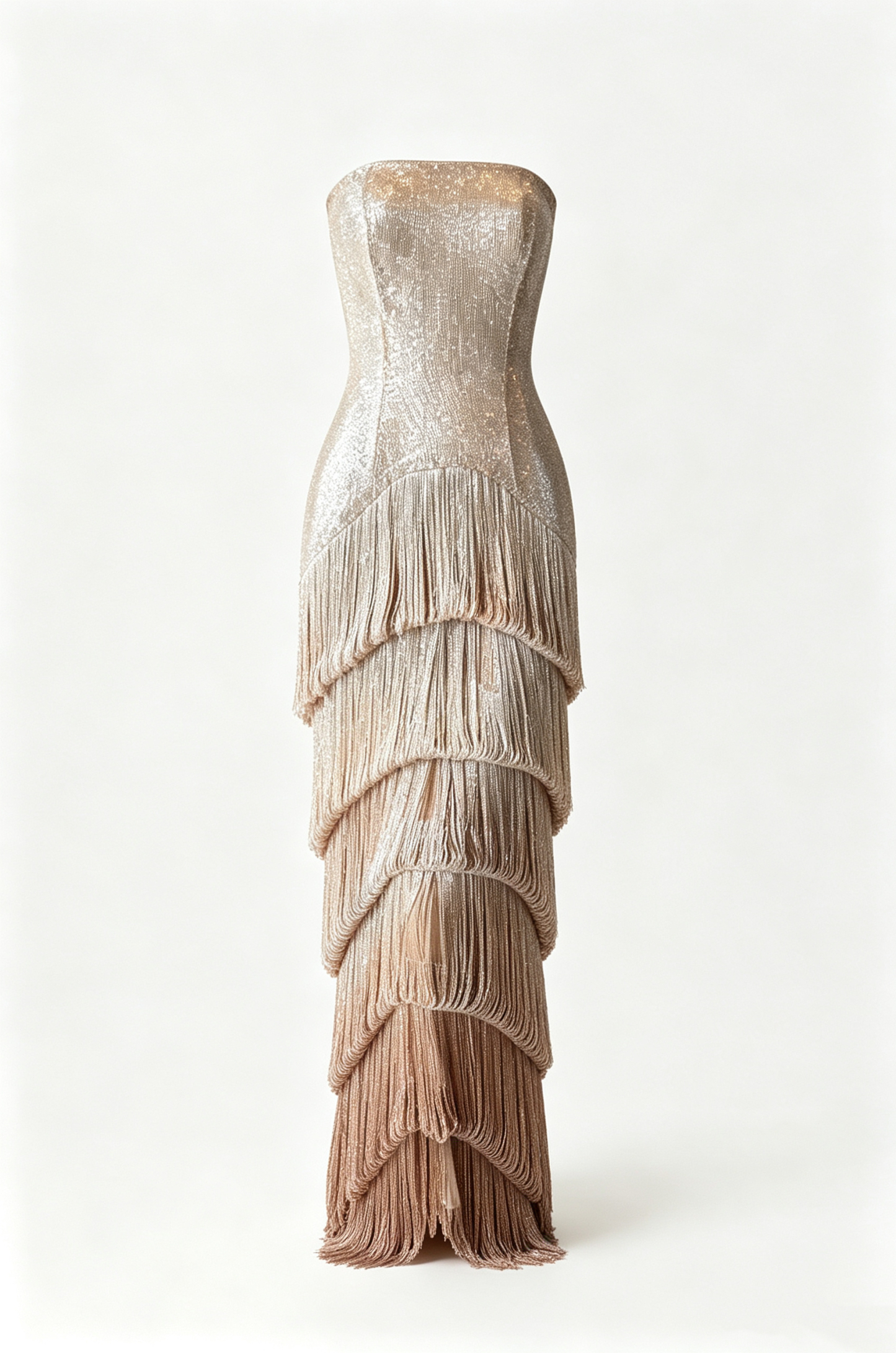 Astrid Champagne Strapless Fringed Layered Maxi Dress